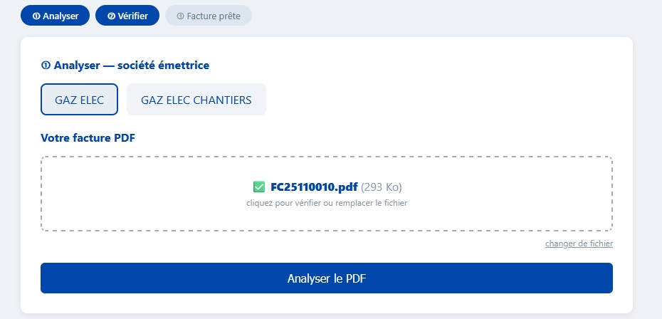 Dépôt d'une facture PDF et choix de la société émettrice
