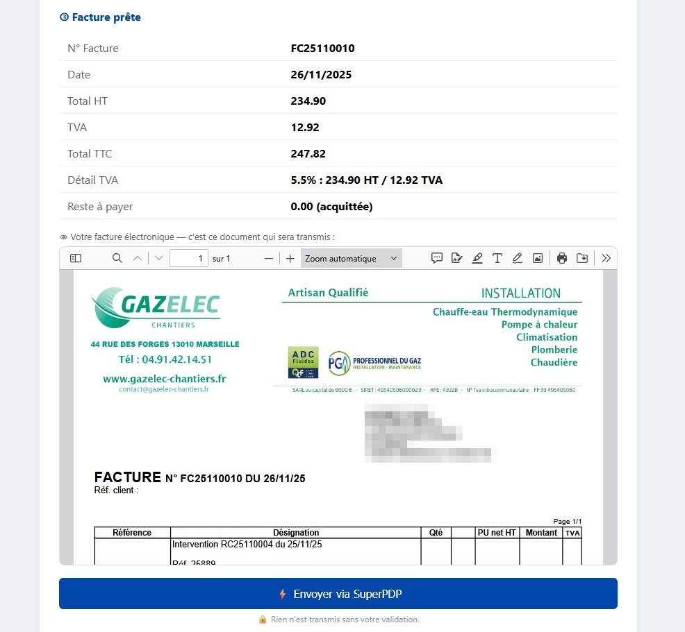 Aperçu de la facture électronique Factur-X prête, avant transmission