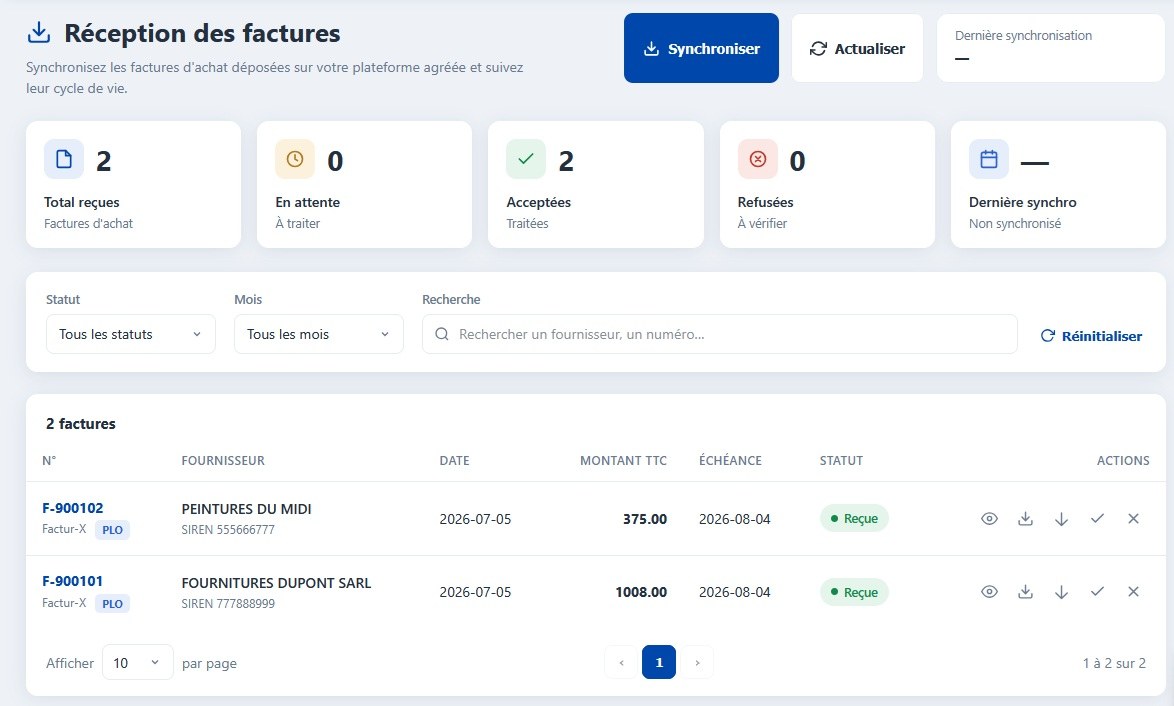 Factures d'achat reçues, présentées clairement avec fournisseur, montant et statut
